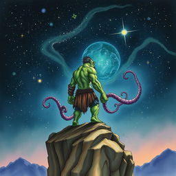 A Lovecraftian orc with subtle tentacles emerging from its body, standing on a cliff and contemplating the vast, star-filled universe