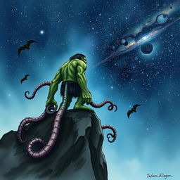 A Lovecraftian orc with subtle tentacles emerging from its body, standing on a cliff and contemplating the vast, star-filled universe