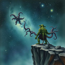 A Lovecraftian orc with subtle tentacles emerging from its body, standing on a cliff and contemplating the vast, star-filled universe