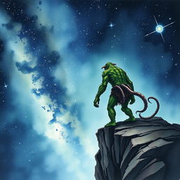 A Lovecraftian orc with subtle tentacles emerging from its body, standing on a cliff and contemplating the vast, star-filled universe