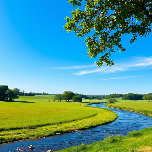 A serene landscape featuring a clear blue sky, lush green fields, and a gently flowing river