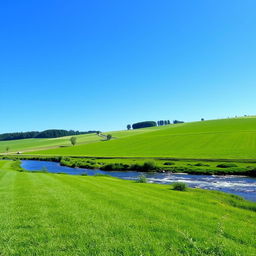 A serene landscape featuring a clear blue sky, lush green fields, and a gently flowing river