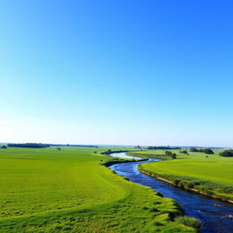 A serene landscape featuring a clear blue sky, lush green fields, and a gently flowing river