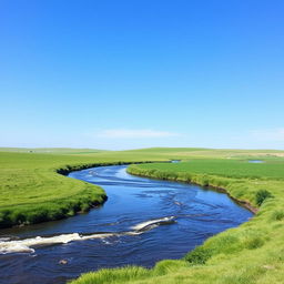 A serene landscape featuring a clear blue sky, lush green fields, and a gently flowing river