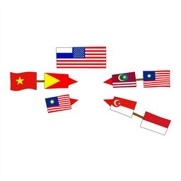 An illustrative image showing flags of Southeast Asian countries pointing towards the United States of America