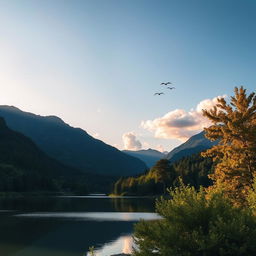 A beautiful landscape featuring a serene lake surrounded by lush green trees and mountains in the background