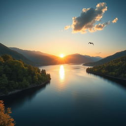 A beautiful landscape featuring a serene lake surrounded by lush green trees and mountains in the background