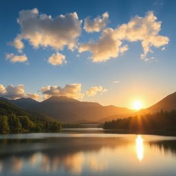 A beautiful landscape featuring a serene lake surrounded by lush green trees and mountains in the background