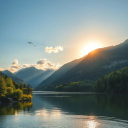 A beautiful landscape featuring a serene lake surrounded by lush green trees and mountains in the background