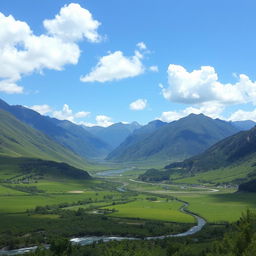 A beautiful landscape with mountains in the background, a river flowing through a lush green valley, and a clear blue sky with fluffy white clouds