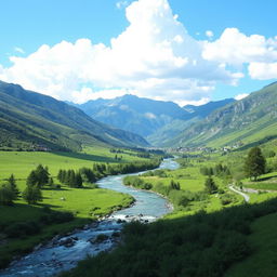 A beautiful landscape with mountains in the background, a river flowing through a lush green valley, and a clear blue sky with fluffy white clouds