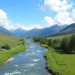 A beautiful landscape with mountains in the background, a river flowing through a lush green valley, and a clear blue sky with fluffy white clouds