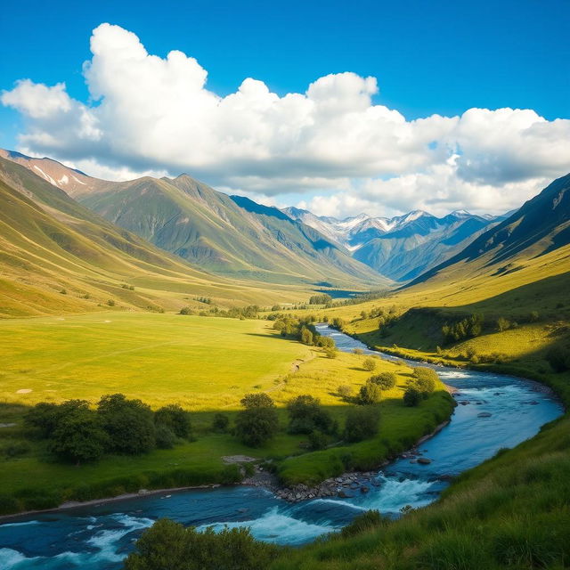 A beautiful landscape with mountains in the background, a river flowing through a lush green valley, and a clear blue sky with fluffy white clouds