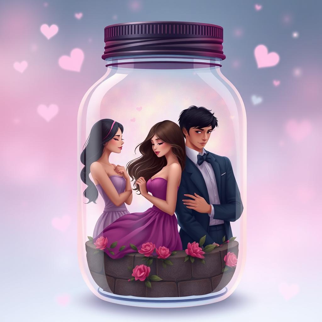 Create a cover for a romance book featuring three women and two men inside a jar