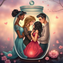 Create a cover for a romance book featuring three women and two men inside a jar