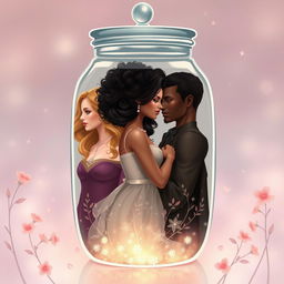 Create a cover for a romance book featuring three women and two men inside a jar