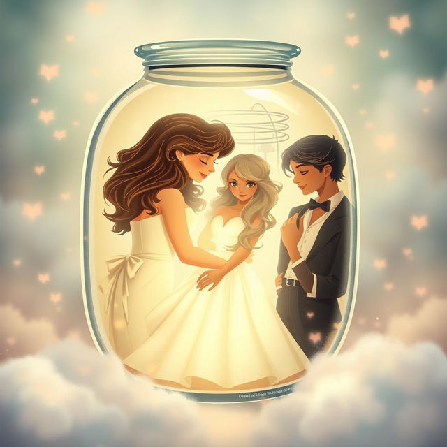 Create a cover for a romance book featuring three women and two men inside a jar