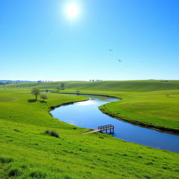 A serene landscape with a clear blue sky, lush green meadows, and a calm river flowing through the middle