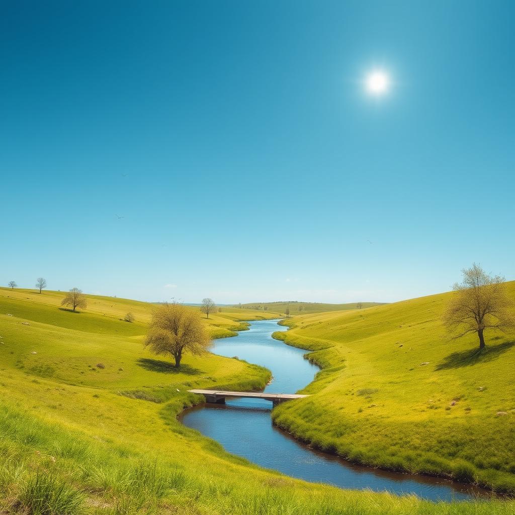 A serene landscape with a clear blue sky, lush green meadows, and a calm river flowing through the middle