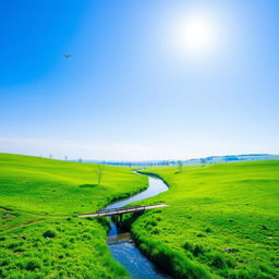 A serene landscape with a clear blue sky, lush green meadows, and a calm river flowing through the middle