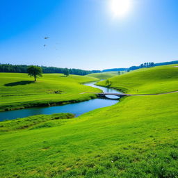 A serene landscape with a clear blue sky, lush green meadows, and a calm river flowing through the middle