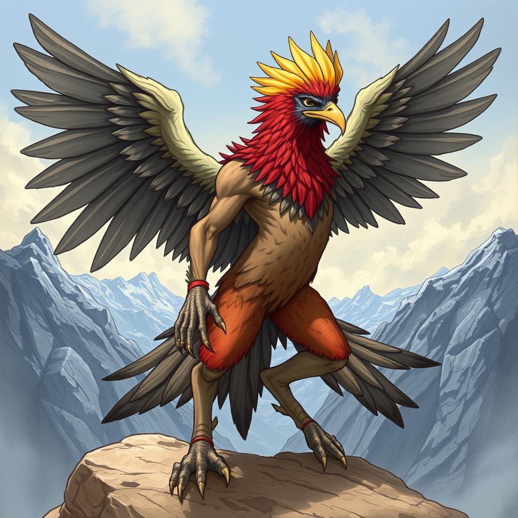 A detailed illustration of an Aarakocra, a bird-like humanoid creature with wings and feathers