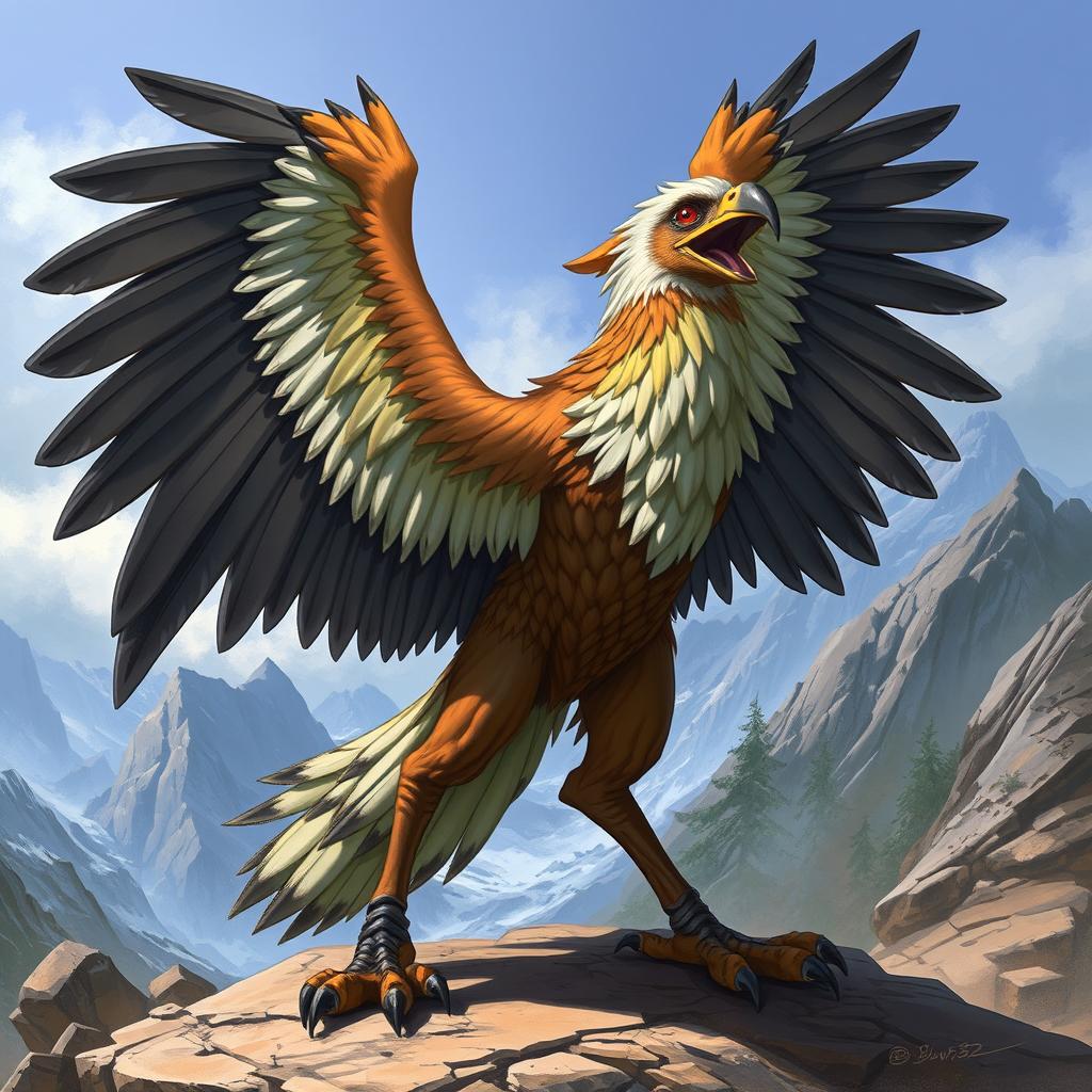 A detailed illustration of an Aarakocra, a bird-like humanoid creature with wings and feathers