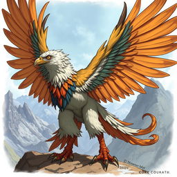 A detailed illustration of an Aarakocra, a bird-like humanoid creature with wings and feathers