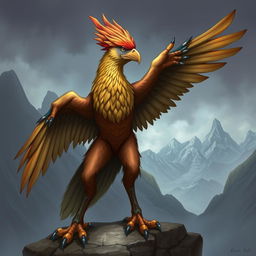 A detailed illustration of an Aarakocra, a bird-like humanoid creature with wings and feathers