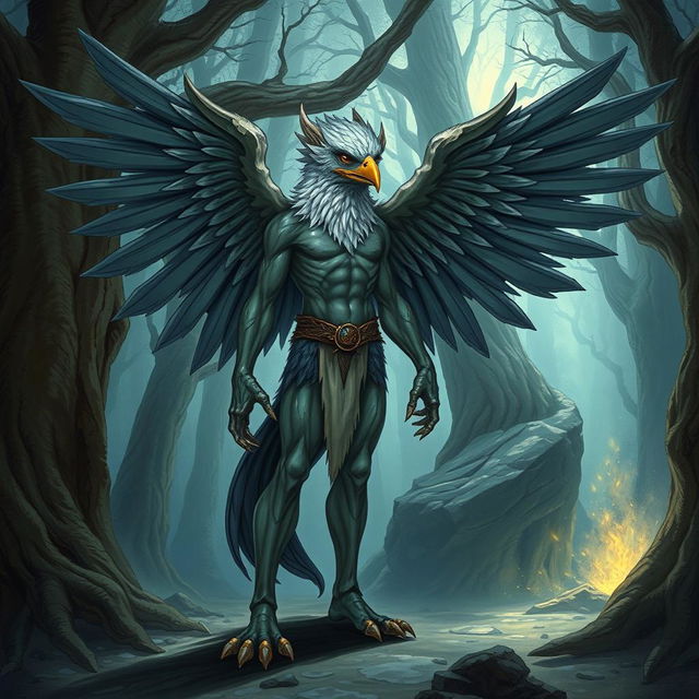 A detailed illustration of a human Aarakocra, a hybrid of a human and a bird-like humanoid creature from fantasy settings