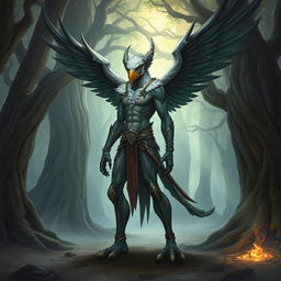 A detailed illustration of a human Aarakocra, a hybrid of a human and a bird-like humanoid creature from fantasy settings