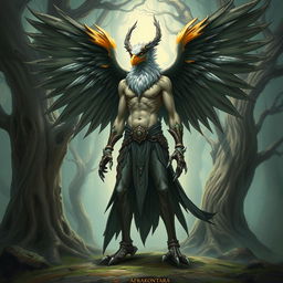 A detailed illustration of a human Aarakocra, a hybrid of a human and a bird-like humanoid creature from fantasy settings