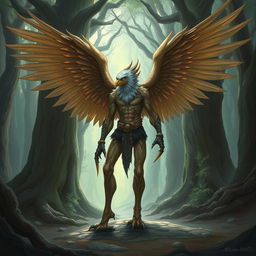 A detailed illustration of a human Aarakocra, a hybrid of a human and a bird-like humanoid creature from fantasy settings