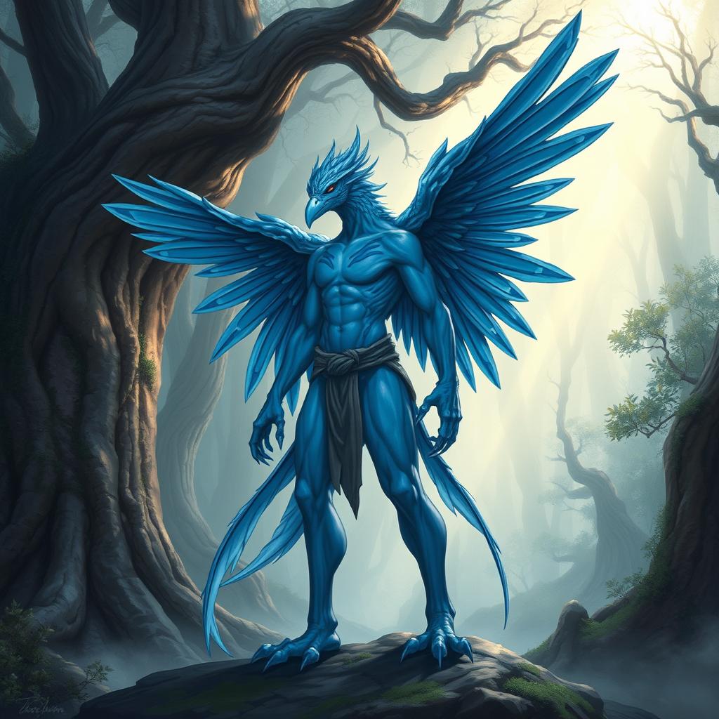 A detailed illustration of a blue human Aarakocra, a hybrid of a human and a bird-like humanoid creature from fantasy settings