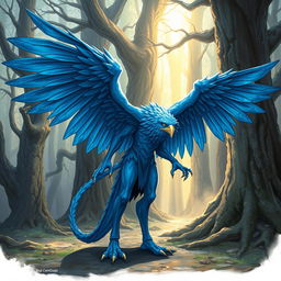 A detailed illustration of a blue human Aarakocra, a hybrid of a human and a bird-like humanoid creature from fantasy settings