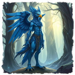 A detailed illustration of a blue human Aarakocra, a hybrid of a human and a bird-like humanoid creature from fantasy settings