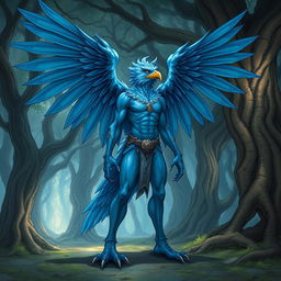 A detailed illustration of a blue human Aarakocra, a hybrid of a human and a bird-like humanoid creature from fantasy settings