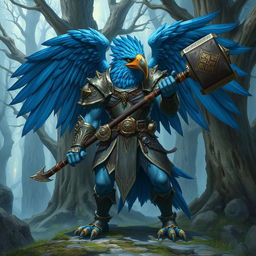 A detailed illustration of a blue Aarakocra human barbarian, a hybrid of a human and a bird-like humanoid creature from fantasy settings