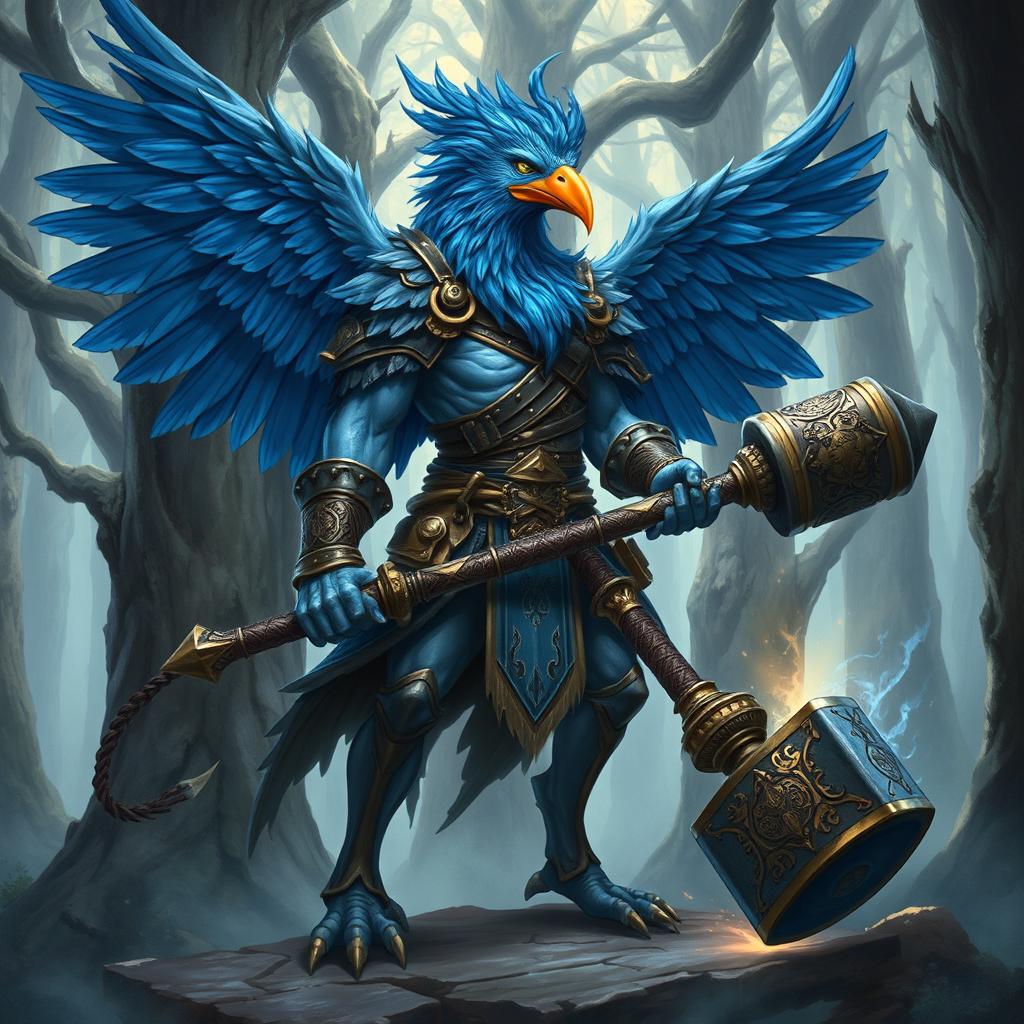 A detailed illustration of a blue Aarakocra human barbarian, a hybrid of a human and a bird-like humanoid creature from fantasy settings