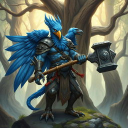 A detailed illustration of a blue Aarakocra human barbarian, a hybrid of a human and a bird-like humanoid creature from fantasy settings