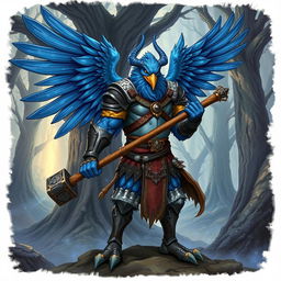 A detailed illustration of a blue Aarakocra human barbarian, a hybrid of a human and a bird-like humanoid creature from fantasy settings