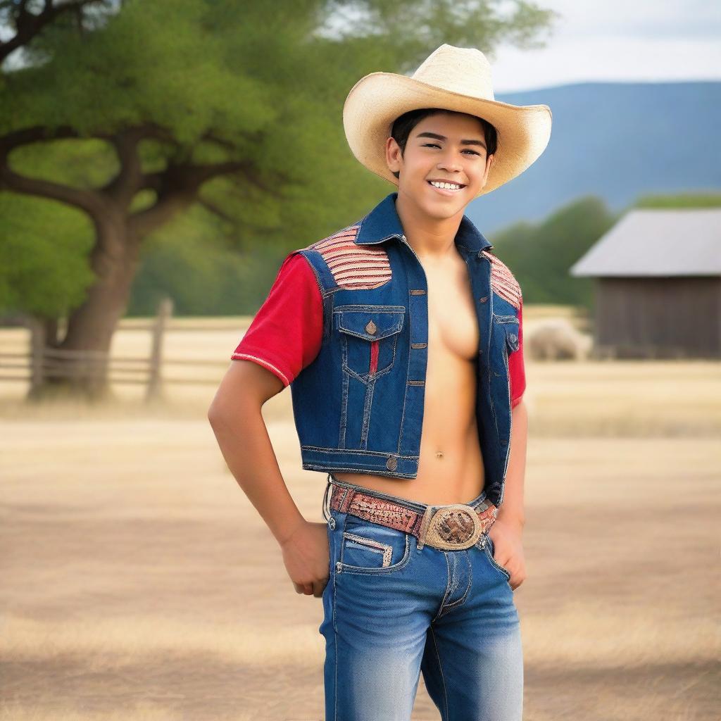 A hot young Mexican country teenage boy with well-defined abs, standing confidently in a rural setting