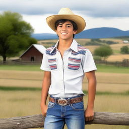 A hot young Mexican country teenage boy with well-defined abs, standing confidently in a rural setting