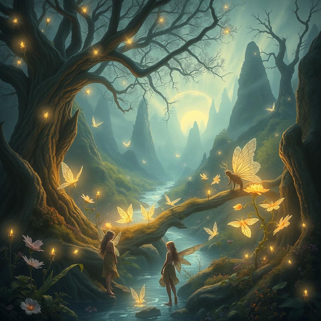 A magical fae realm filled with ethereal creatures, glowing plants, and mystical landscapes