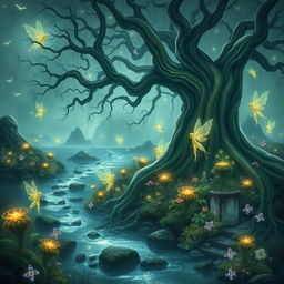 A magical fae realm filled with ethereal creatures, glowing plants, and mystical landscapes