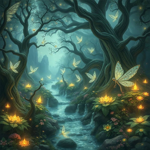 A magical fae realm filled with ethereal creatures, glowing plants, and mystical landscapes