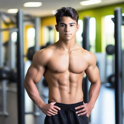 A hot young Mexican teenage boy with well-defined abs, standing confidently in a gym setting