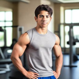 A hot young Mexican teenage boy with well-defined abs, standing confidently in a gym setting