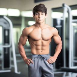 A hot young Mexican teenage boy with well-defined abs, standing confidently in a gym setting