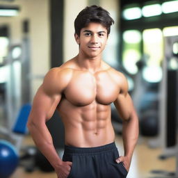 A hot young Mexican teenage boy with well-defined abs, standing confidently in a gym setting